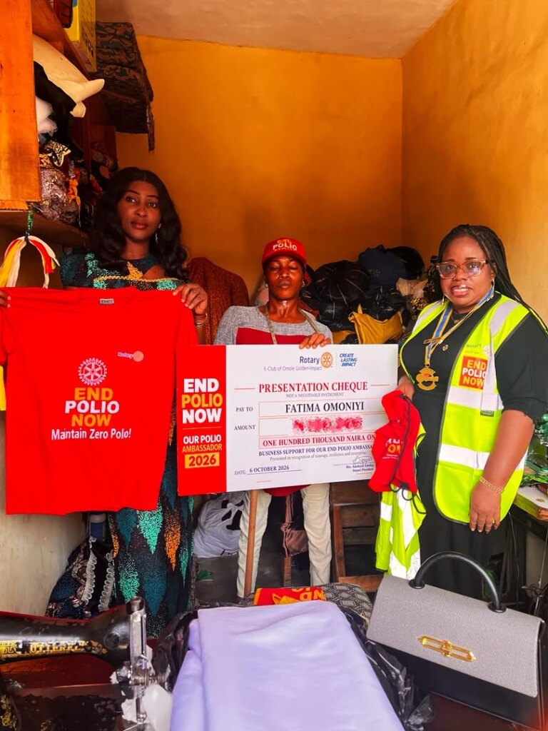 Rotary E-Club of Omole Golden-Impact decorates Fatimah Omoniyi as End Polio Now Ambassador