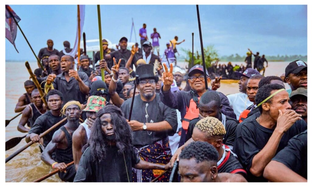 2027: Moment Peter Obi, Dickson storm Bayelsa creeks in boat regatta for campaign [VIDEO]